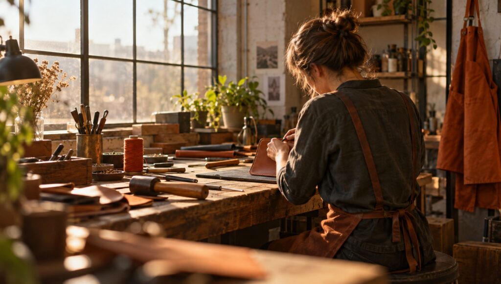 Artisan's hands crafting leather goods at a sunlit wooden workbench surrounded by tools and materials