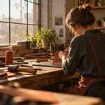 Artisan's hands crafting leather goods at a sunlit wooden workbench surrounded by tools and materials