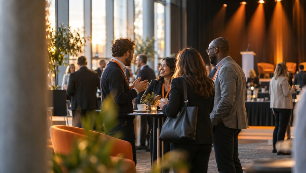 Professionals chatting around a cocktail table during a conference networking break with a softly lit stage behind them