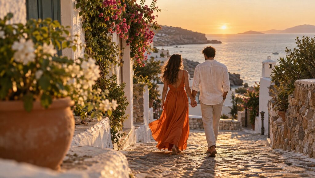 Couple walking hand in hand down a sunlit cobblestone coastal lane at golden hour, the woman in an orange linen dress