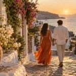 Couple walking hand in hand down a sunlit cobblestone coastal lane at golden hour, the woman in an orange linen dress
