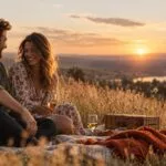 Engaged couple laughing on a picnic blanket in tall golden grass at sunset, with an orange throw beside them
