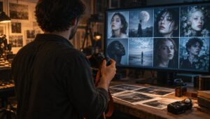 Photographer holding a camera beside a glowing screen of AI-generated images in a dim studio