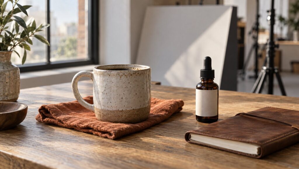 Styled product scene with a ceramic mug, amber glass bottle, and leather notebook on an oak table in soft window light