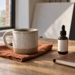 Styled product scene with a ceramic mug, amber glass bottle, and leather notebook on an oak table in soft window light