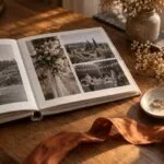 Open linen wedding album on an oak table with rings, dried flowers and an orange silk ribbon in warm window light