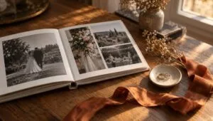 Open linen wedding album on an oak table with rings, dried flowers and an orange silk ribbon in warm window light
