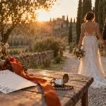 Couple walking down a tree-lined path at golden hour, with a watch and bouquet tied in orange ribbon in the foreground