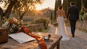 Couple walking down a tree-lined path at golden hour, with a watch and bouquet tied in orange ribbon in the foreground