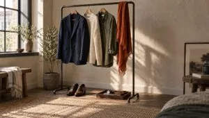 Clothing rack with a navy blazer, cream sweater, olive shirt and orange scarf in soft window light in a photo studio
